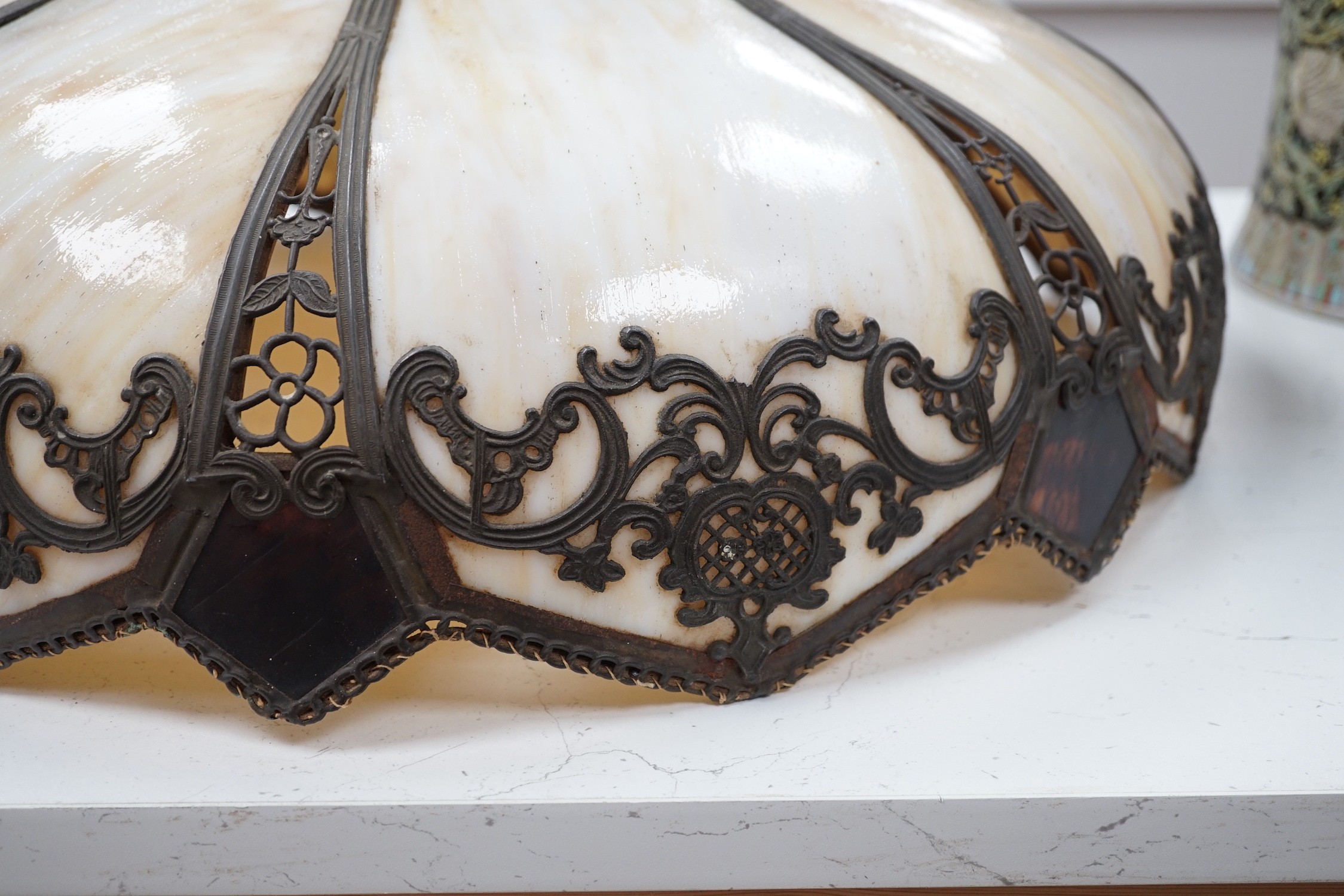Early 20th century slag glass ceiling shade. Glass undamaged. 57cm diameter